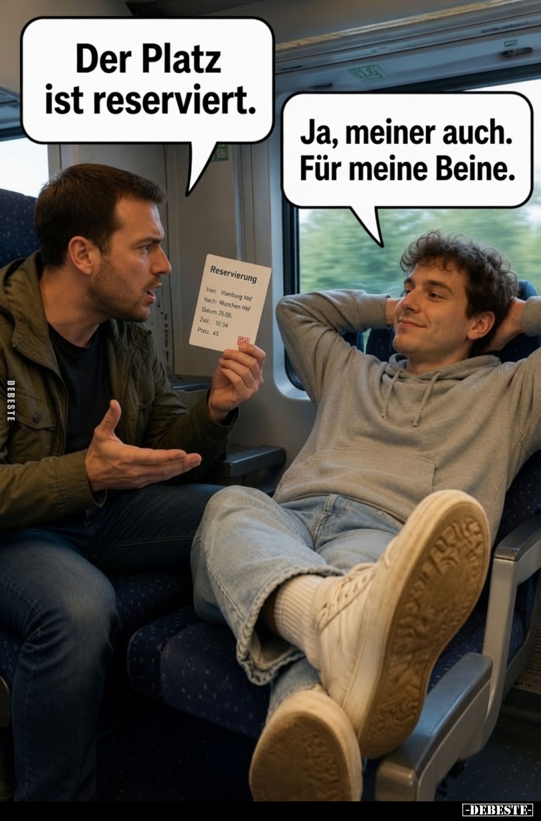 Der Platz ist reserviert. -
Ja, meiner auch. Für meine Beine.