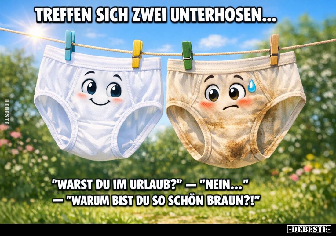 Treffen sich zwei Unterhosen... -
"Warst du im Urlaub?" - "Nein..."
- "Warum bist du so schön brau...