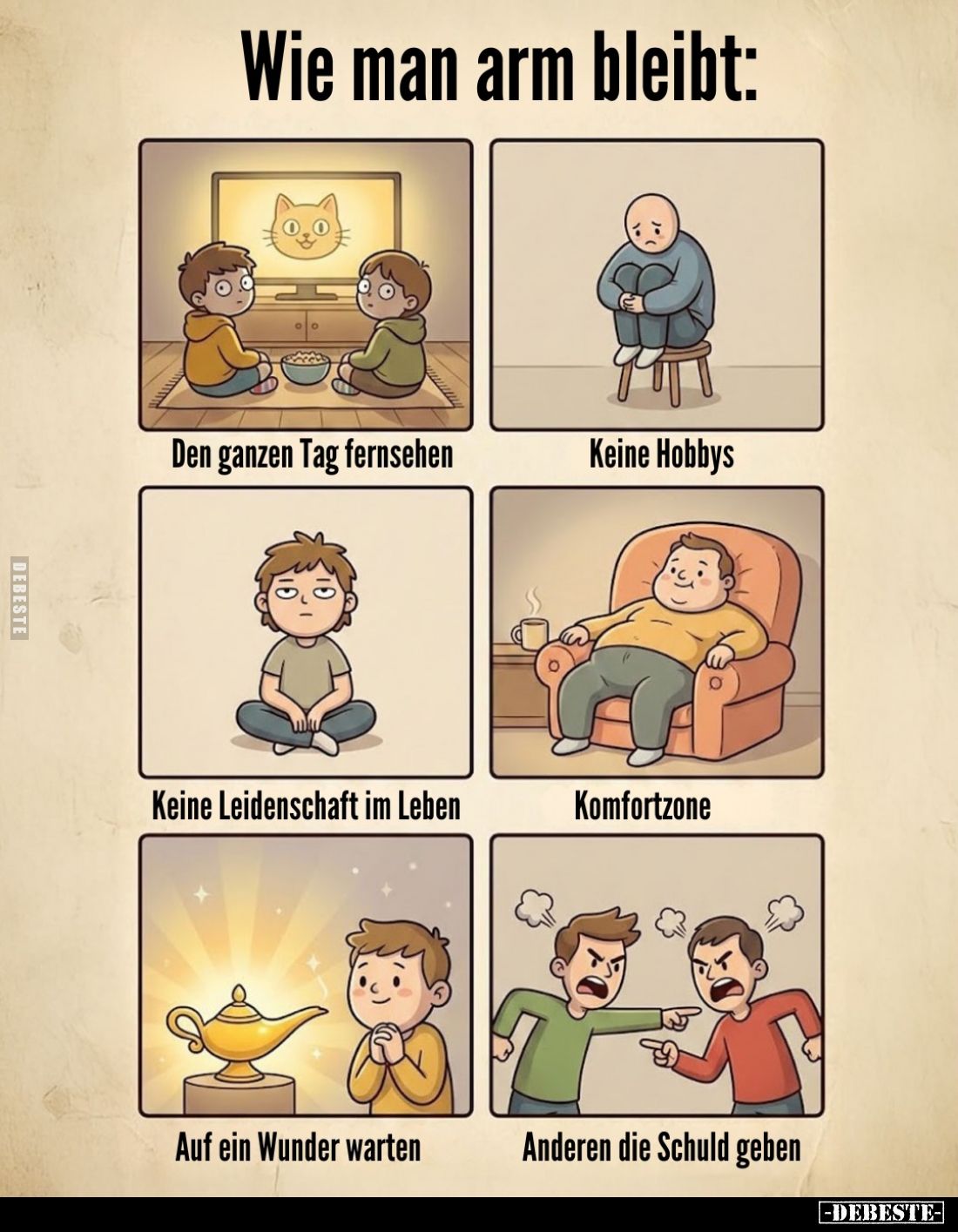 Wie man arm bleibt:
Den ganzen Tag fernsehen;
Keine Hobbys;
Keine Leidenschaft im Leben;
Komfortzone;
Auf ein Wunder war...