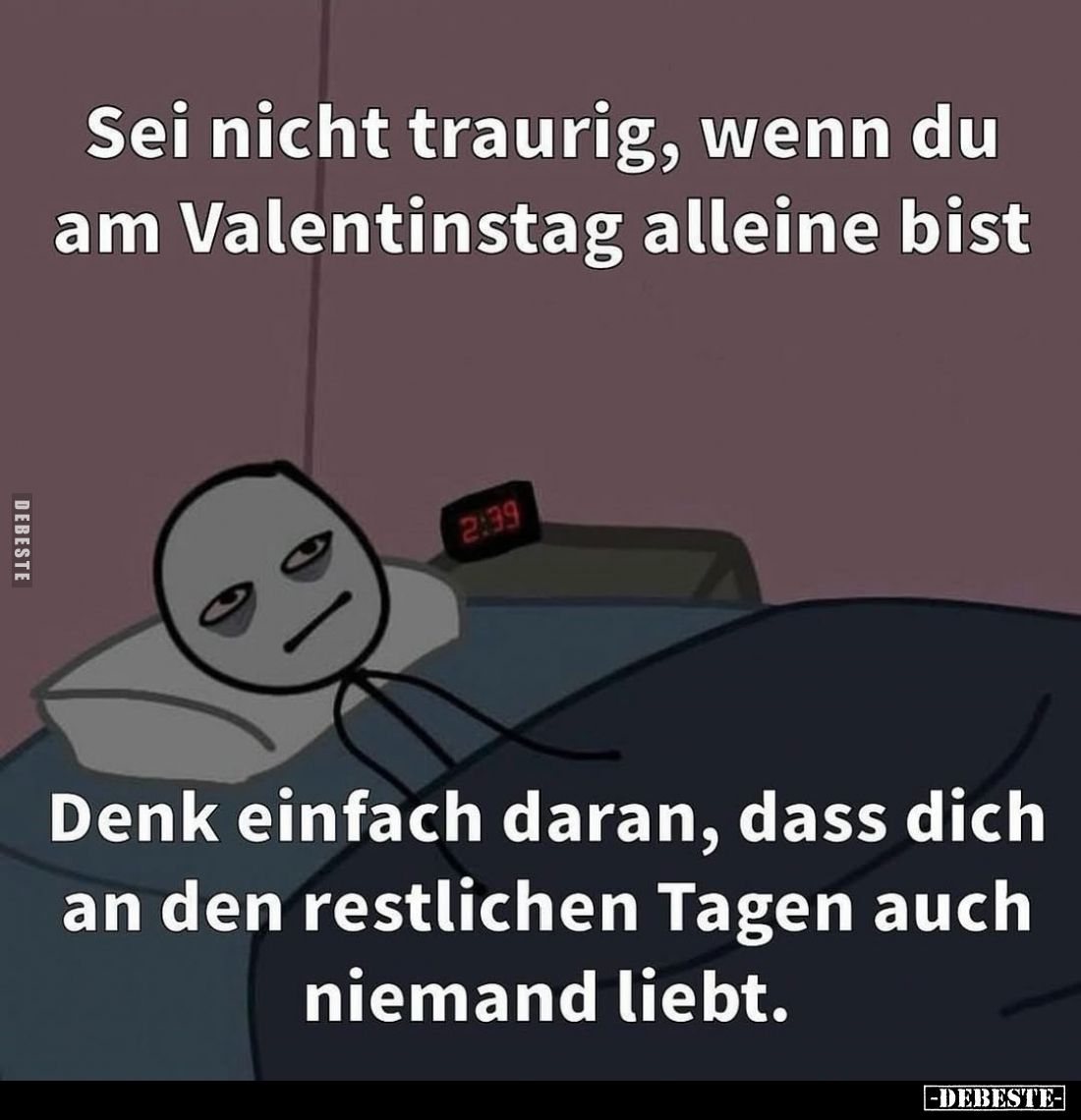 Sei nicht traurig, wenn du am Valentinstag alleine bist.

Denk einfach daran, dass dich an den restlichen Tagen auch nieman...