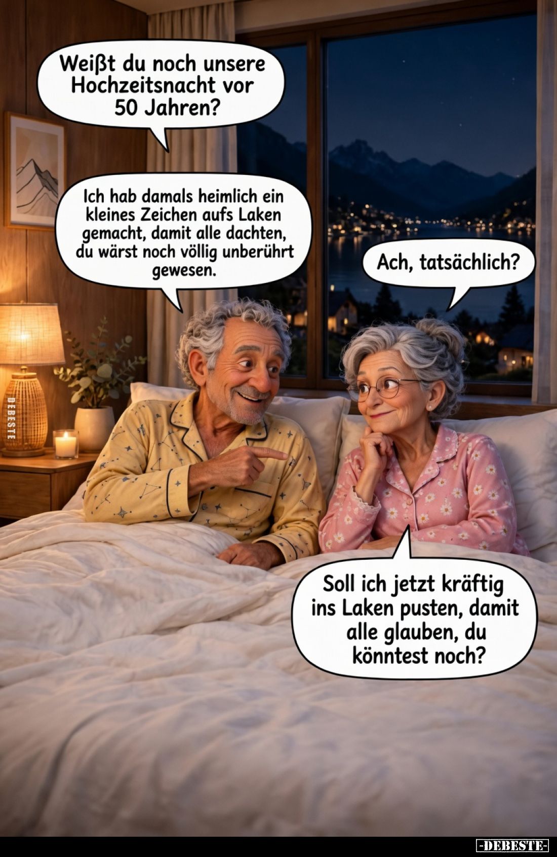 Weißt du noch unsere Hochzeitsnacht vor 50 Jahren?

Ich hab damals heimlich ein kleines Zeichen aufs Laken gemacht, damit a...