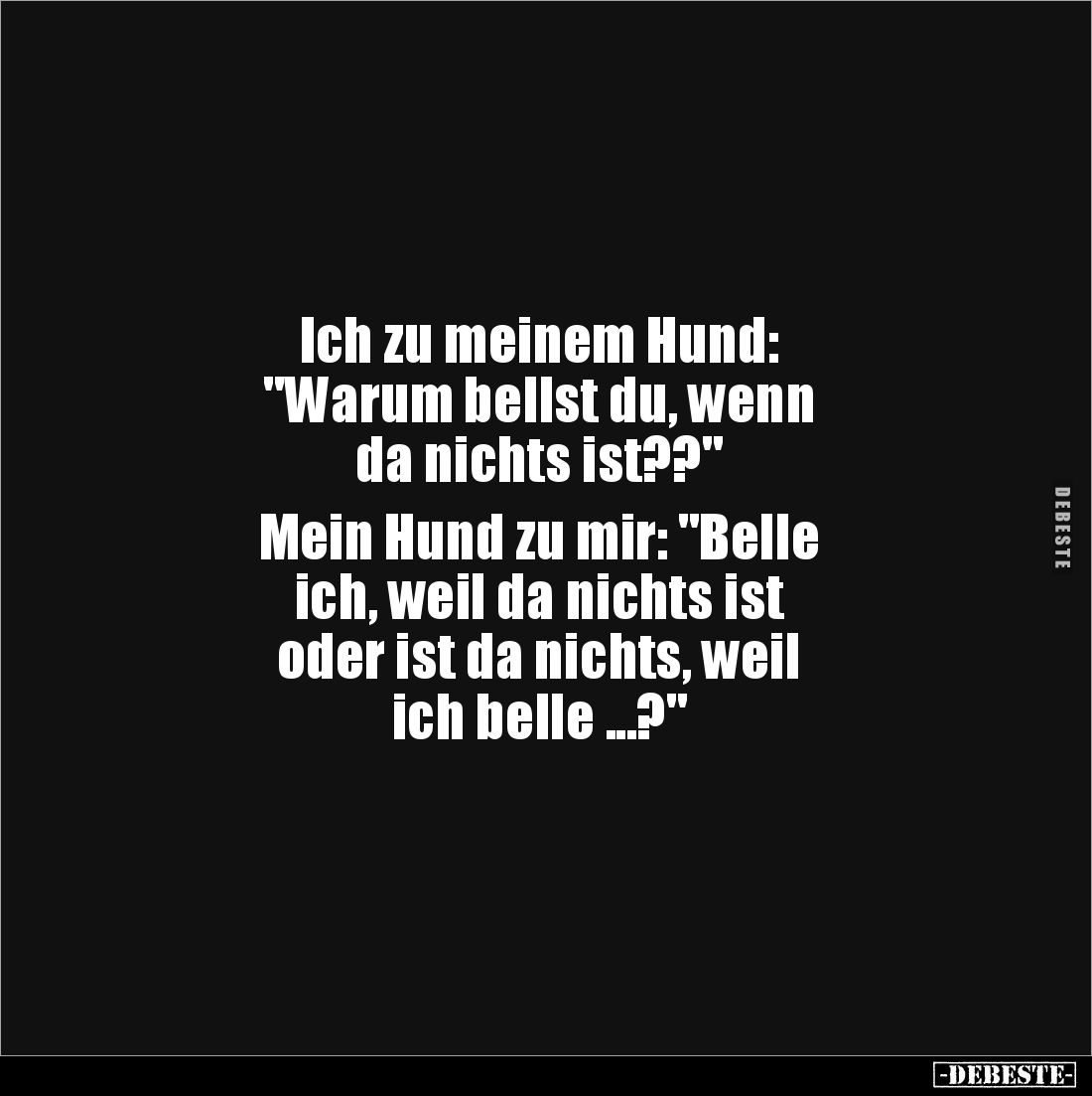 Ich zu meinem Hund: 
"Warum bellst du, wenn 
da nichts ist??" 

Mein Hund zu mir: "Belle 
ich, weil da ni...