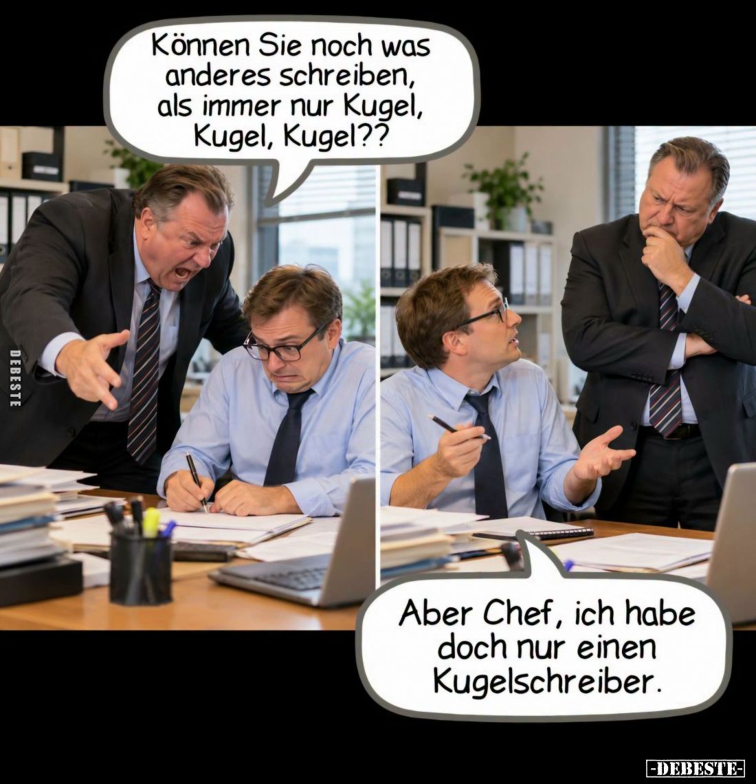 Können Sie noch was anderes schreiben, als immer nur Kugel, Kugel, Kugel??
-
Aber Chef, ich habe doch nur einen Kugelschrei...