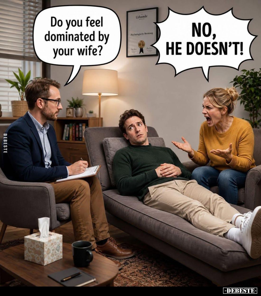 Do you feel dominated by your wife?
-
No, he doesn't!