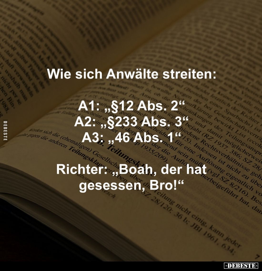 Wie sich Anwälte streiten:
A1: ,,§12 Abs. 2"
A2: ,,§233 Abs. 3"
A3: ,,46 Abs. 1"
Richter: ,,Boah, der hat ...