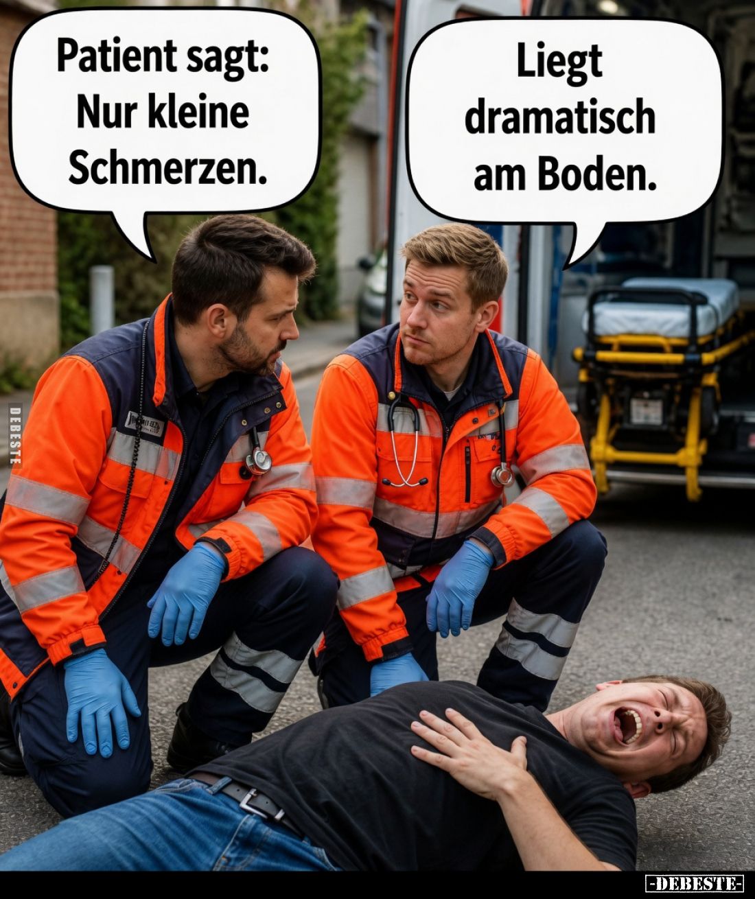 Patient sagt: Nur kleine Schmerzen.
Liegt dramatisch am Boden.