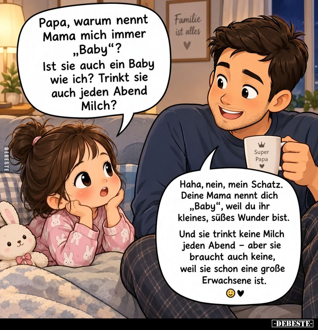 Papa, warum nennt Mama mich immer „Baby"?
Ist sie auch ein Baby wie ich? Trinkt sie auch jeden Abend Milch?

Haha, ne...