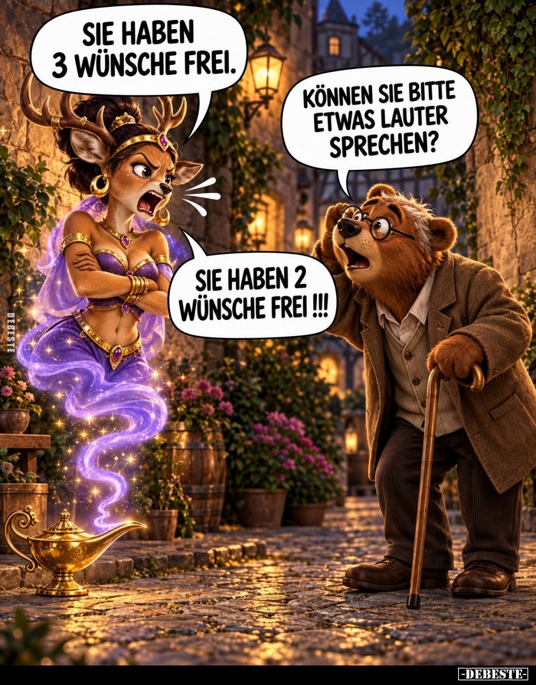 Sie haben 3 Wünsche frei.
Können Sie bitte etwas lauter sprechen?
Sie haben 2 Wünsche frei !!!