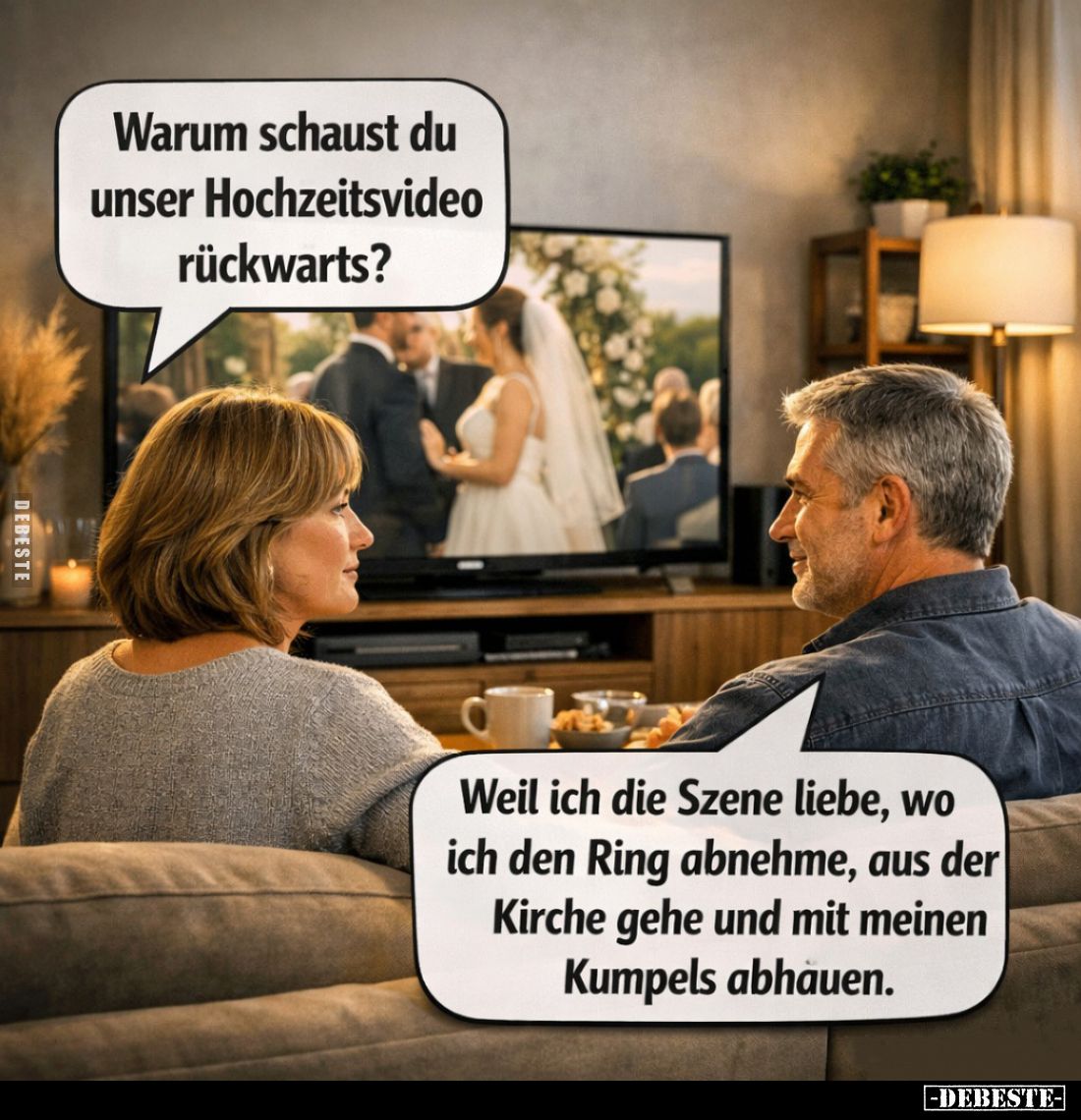 Warum schaust du unser Hochzeitsvideo rückwarts? -
Weil ich die Szene liebe, wo ich den Ring abnehme, aus der Kirche gehe un...