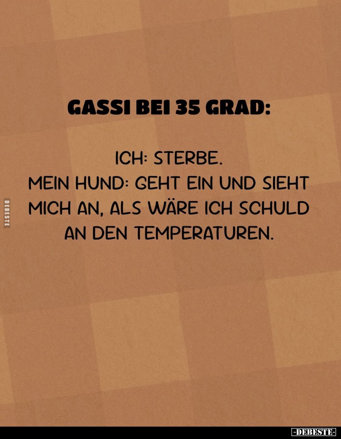 Gassi bei 35 Grad:
Ich: Sterbe. -
Mein Hund: Geht ein und sieht mich an, als wäre ich schuld an den Temperaturen.