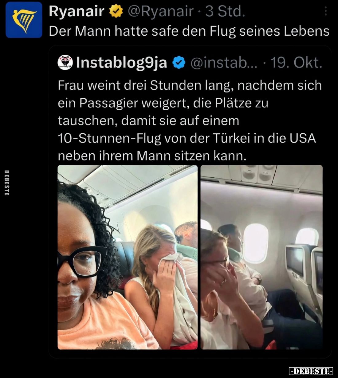 Der Mann hatte safe den Flug seines Lebens


Frau weint drei Stunden lang, nachdem sich ein Passagier weigert, die Plätze ...