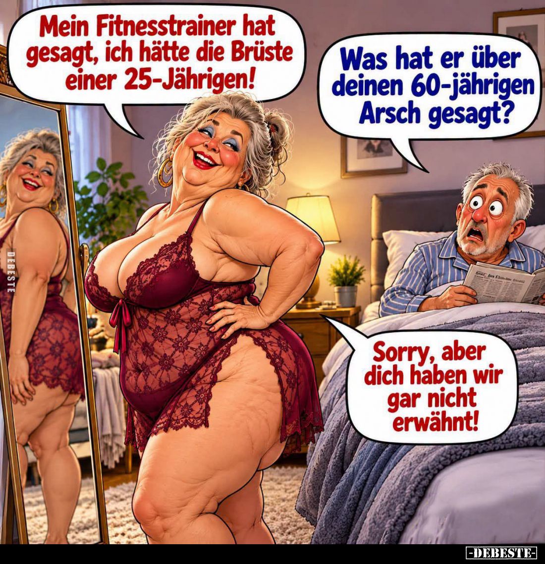 Mein Fitnesstrainer hat gesagt, ich hätte die Brüste einer 25-Jährigen! -
Was hat er über deinen 60-jährigen Arsch gesagt? -...