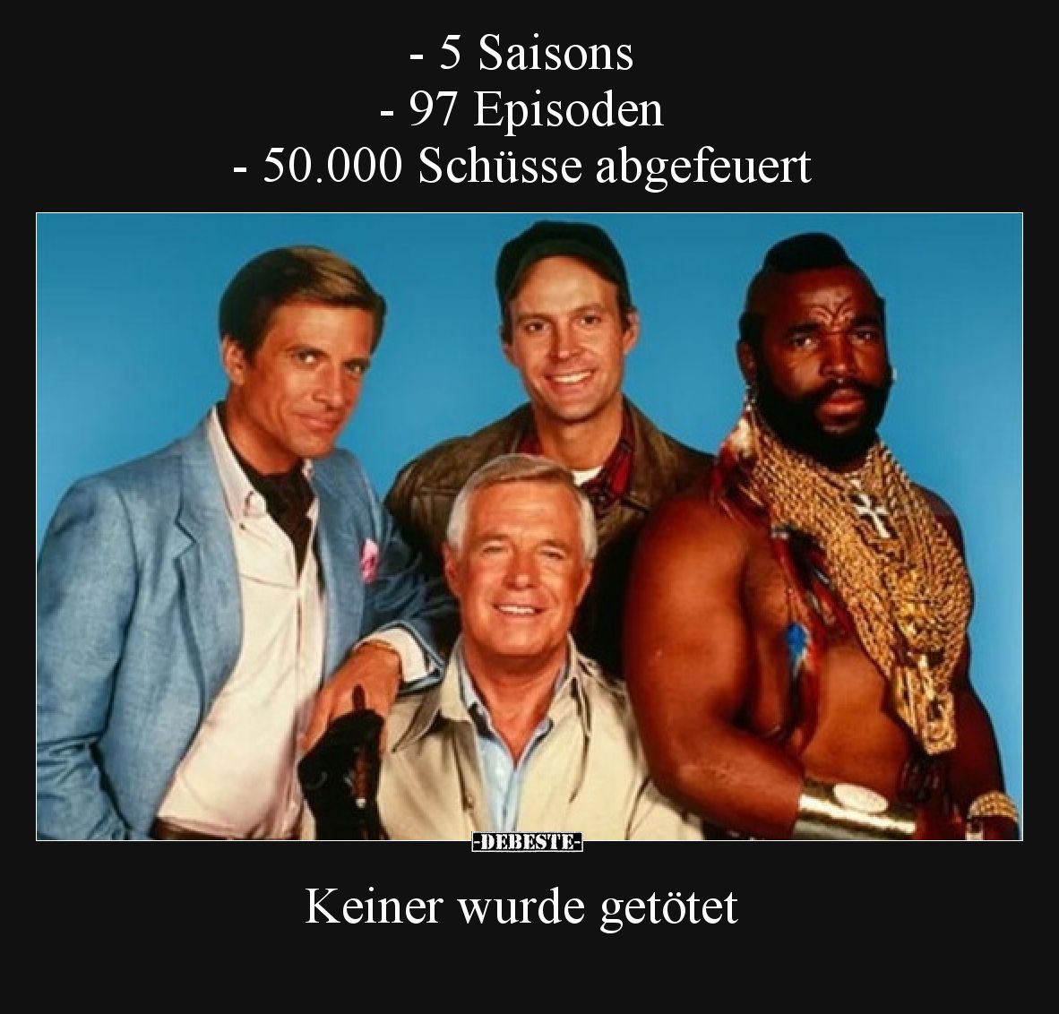 5 Saisons.
97 Episoden.
50.000 Schüsse abgefeuert.

Keiner wurde getötet