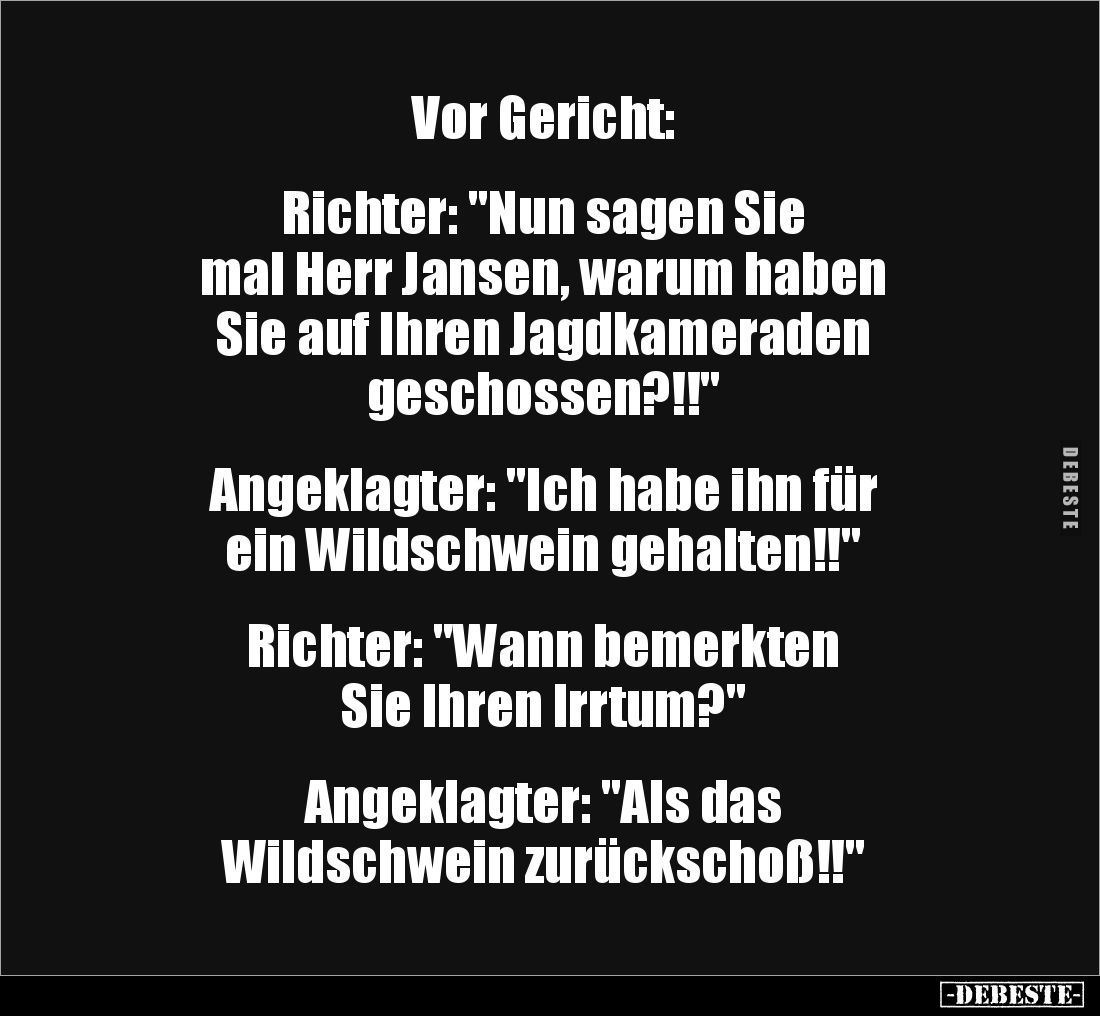 Vor Gericht:
Richter: "Nun sagen Sie
mal Herr Jansen, warum haben
Sie auf Ihren Jagdkameraden
geschossen?!!&q...