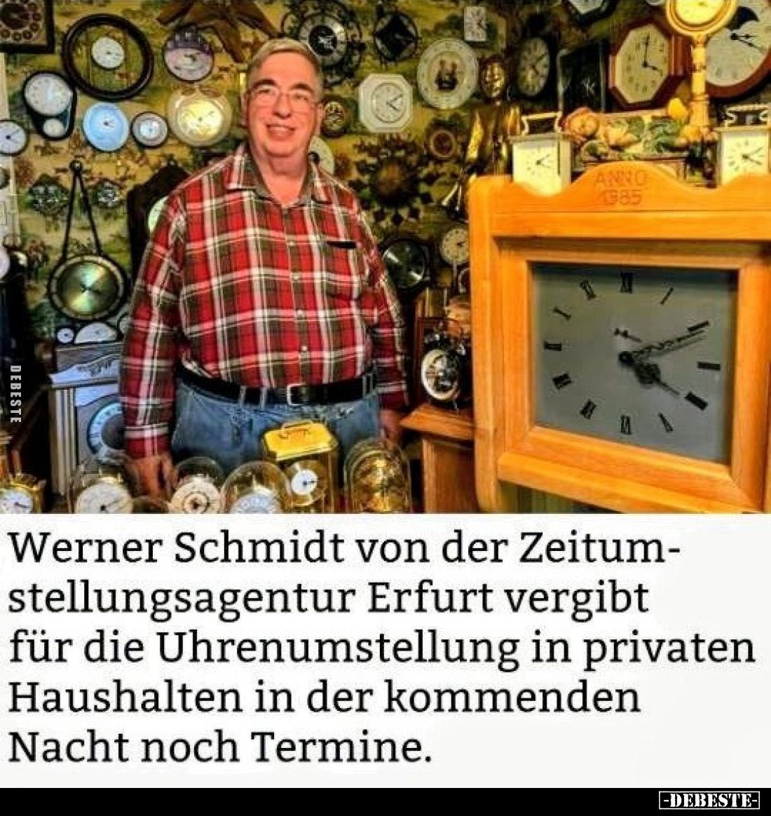 Werner Schmidt von der Zeitumstellungsagentur Erfurt vergibt für die Uhrenumstellung in privaten Haushalten in der kommenden ...