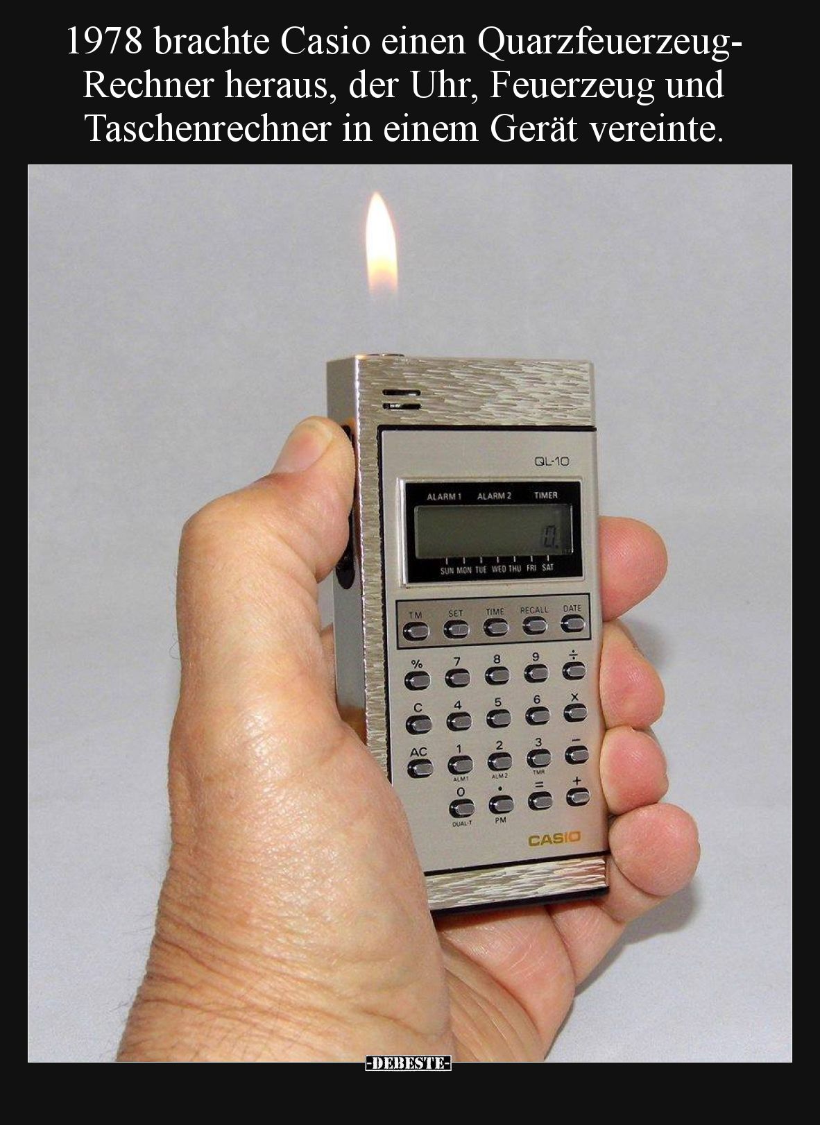 1978 brachte Casio einen Quarzfeuerzeug-Rechner heraus, der Uhr, Feuerzeug und Taschenrechner in einem Gerät vereinte.