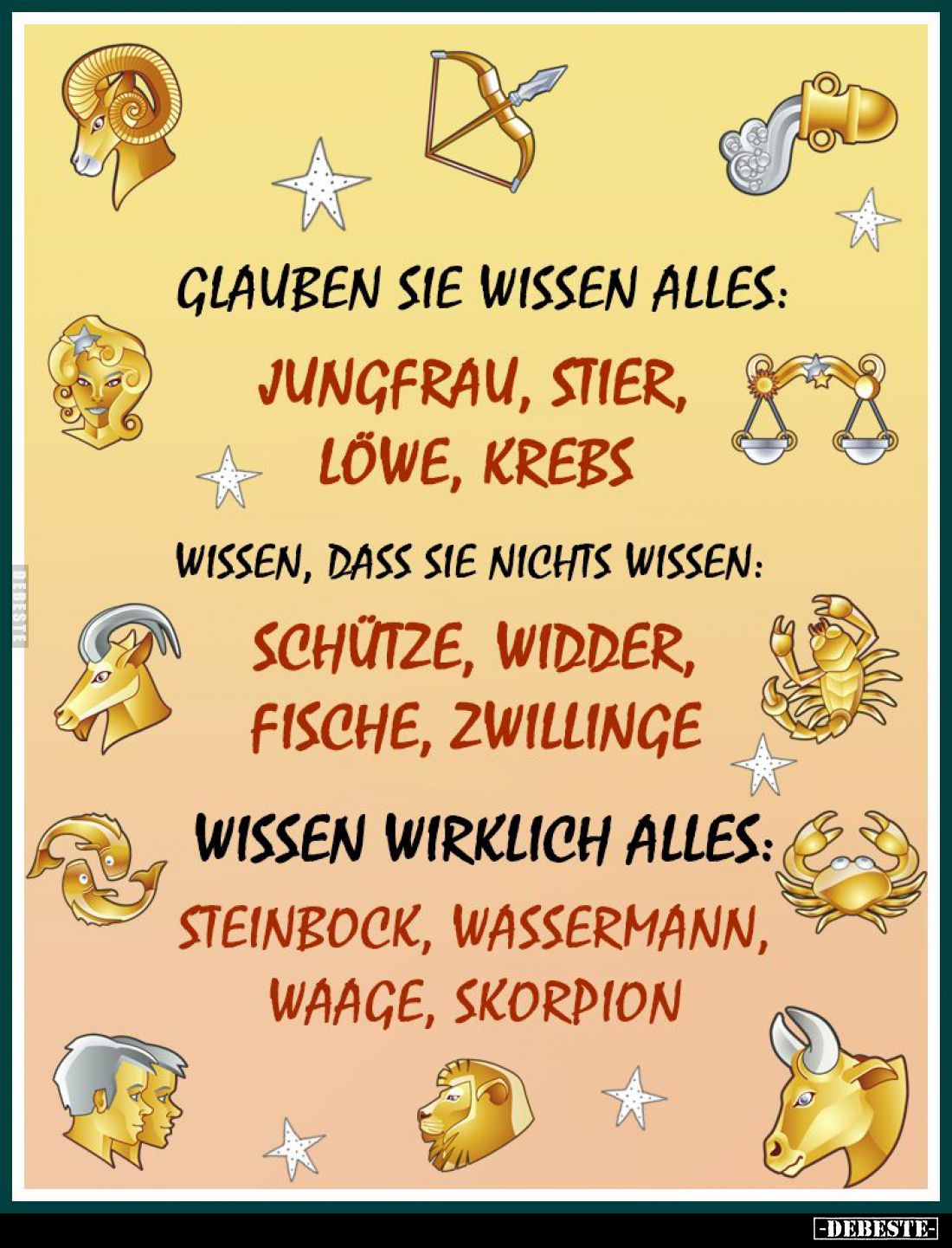 Glauben sie wissen alles:
Jungfrau, Stier, Löwe, Krebs.
Wissen, dass sie nichts wissen:
Schütze, Widder, Fische, Zwillinge...