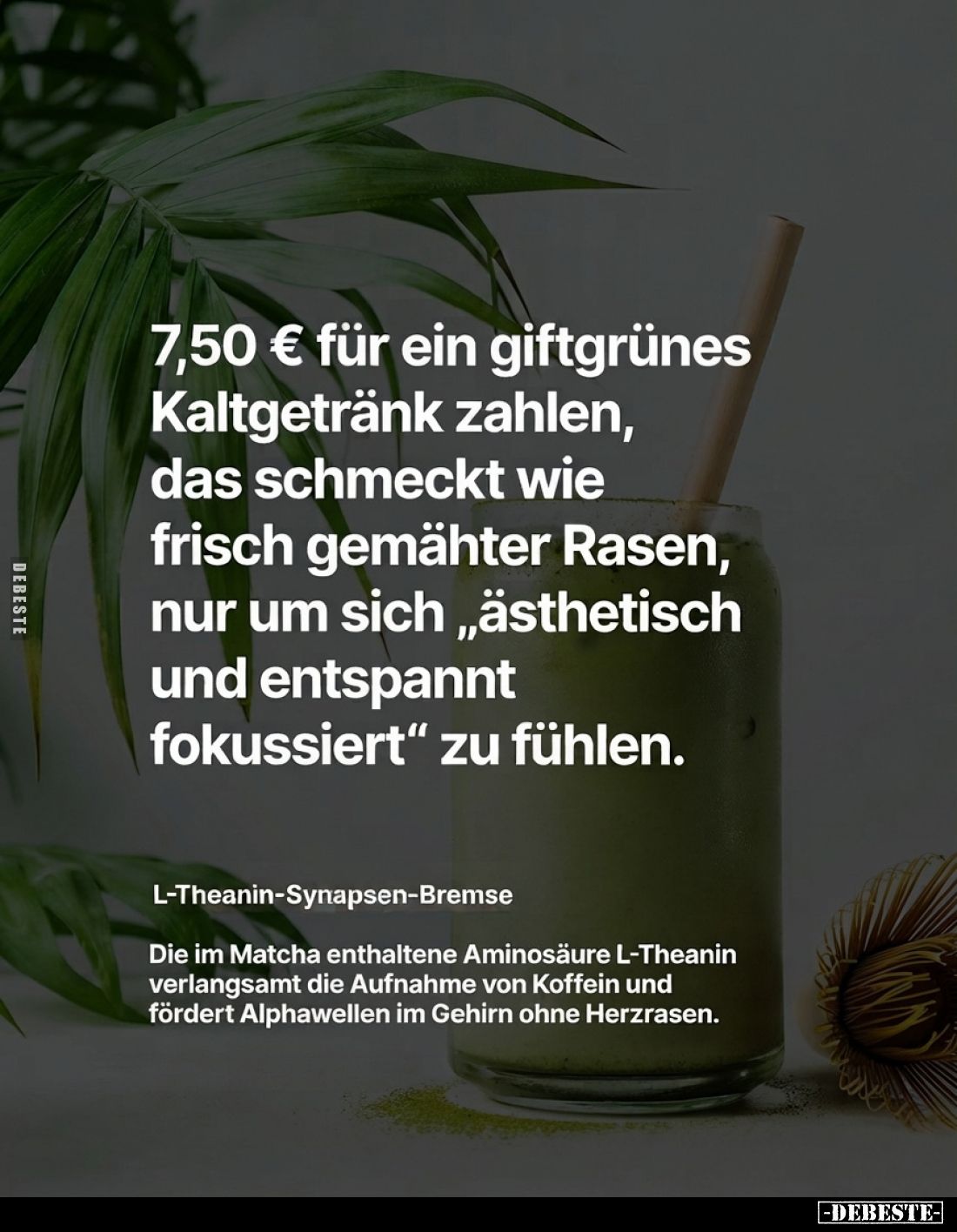 7,50 € für ein giftgrünes Kaltgetränk zahlen, das schmeckt wie frisch gemähter Rasen, nur um sich „ästhetisch und entspannt f...