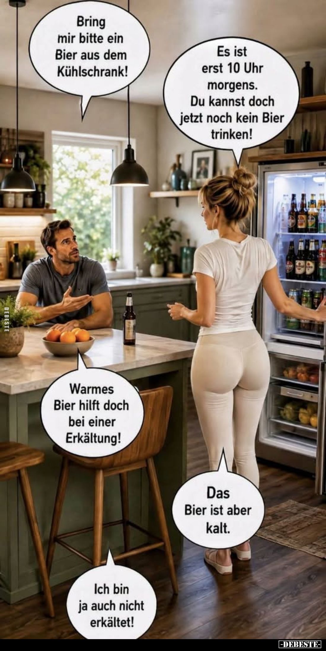 Bring mir bitte ein Bier aus dem Kühlschrank!
-
Es ist erst 10 Uhr morgens. Du kannst doch jetzt noch kein Bier trinken!
-...