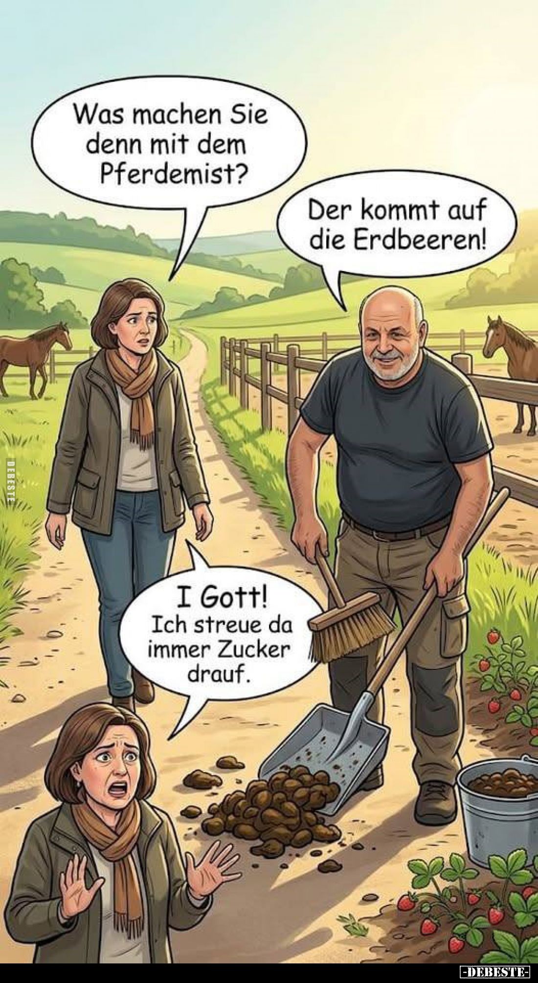 Was machen Sie denn mit dem Pferdemist?
-
Der kommt auf die Erdbeeren!
-
I Gott!
Ich streue da immer Zucker drauf