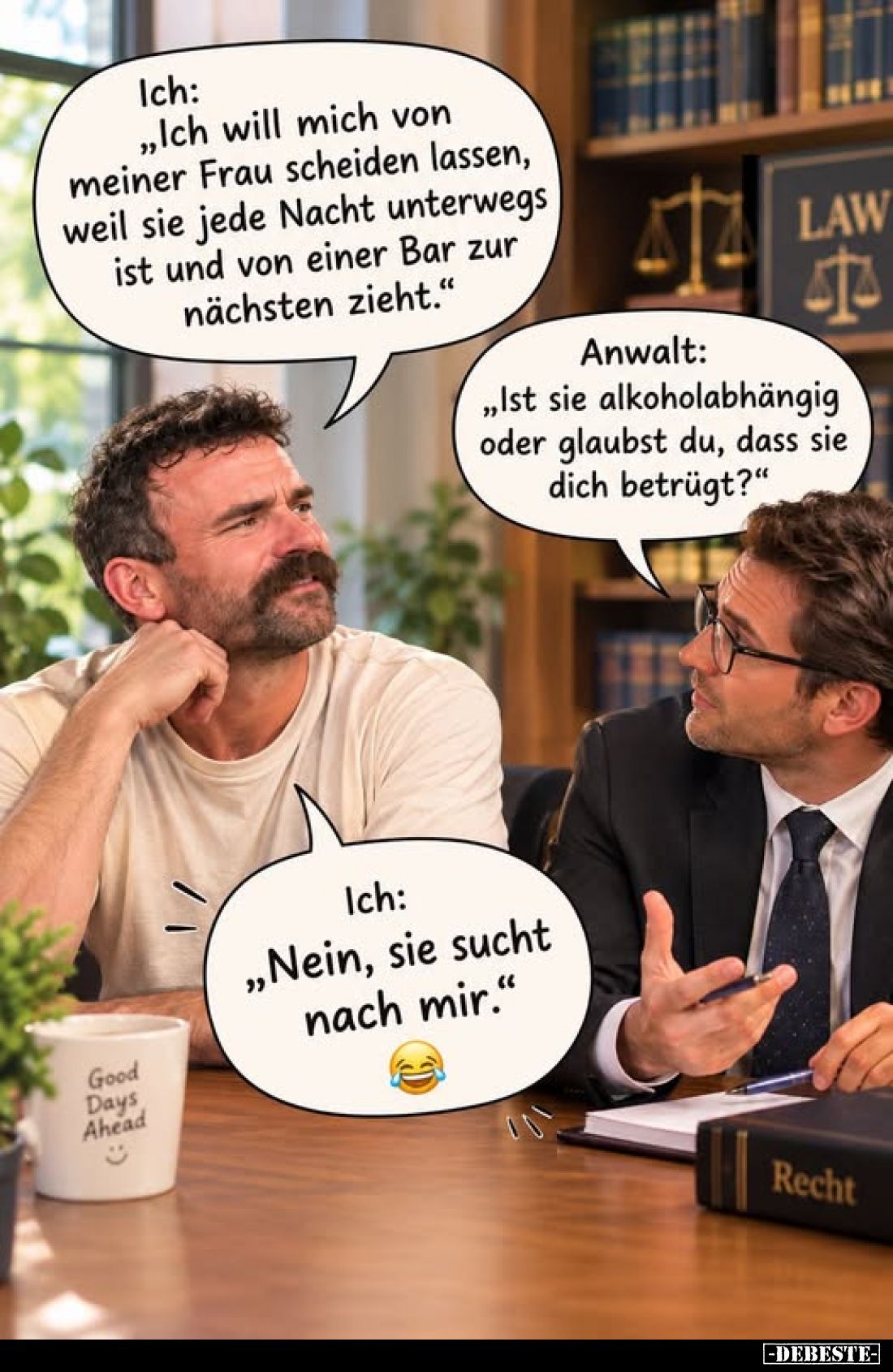 Ich: „Ich will mich von meiner Frau scheiden lassen, weil sie jede Nacht unterwegs ist und von einer Bar zur nächsten zieht.“...