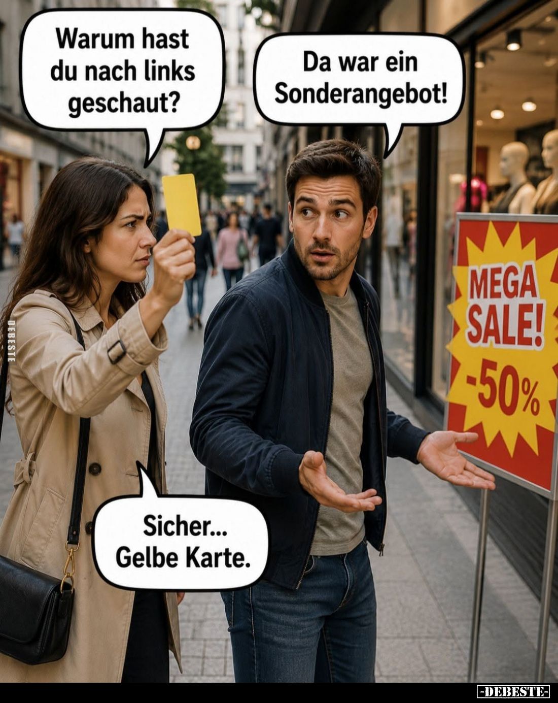 Warum hast du nach links geschaut? -
Da war ein Sonderangebot!
-
Sicher... Gelbe Karte.