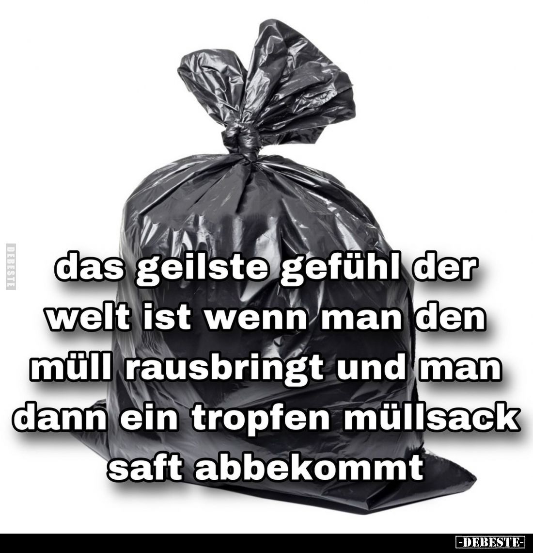 Das geilste Gefühl der Welt ist wenn man den Müll rausbringt und man dann ein tropfen Müllsack Saft abbekommt.