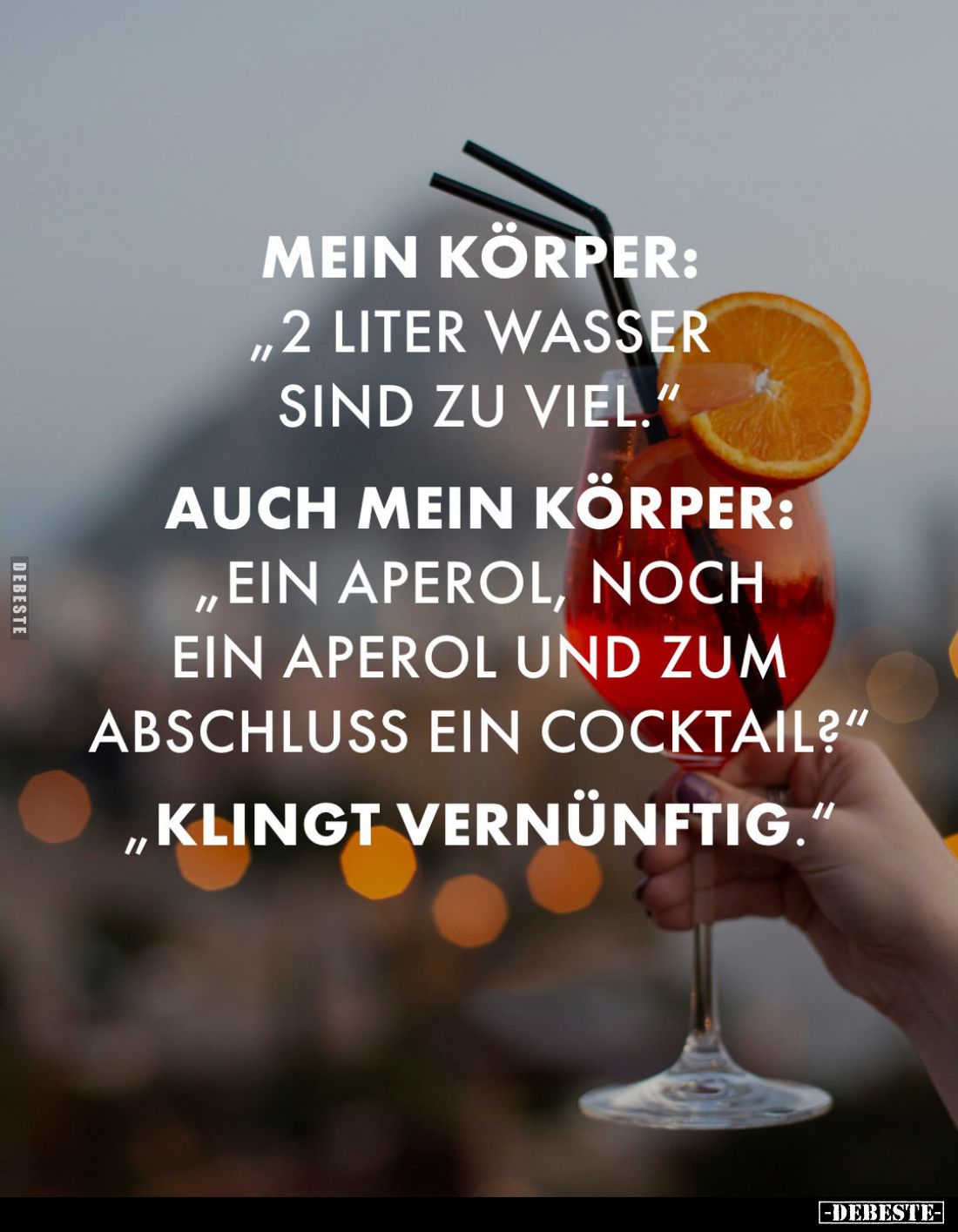 Mein Körper:
"2 Liter Wasser sind zu viel." -
Auch mein Körper:
"Ein Aperol, noch ein Aperol und zum Abschl...