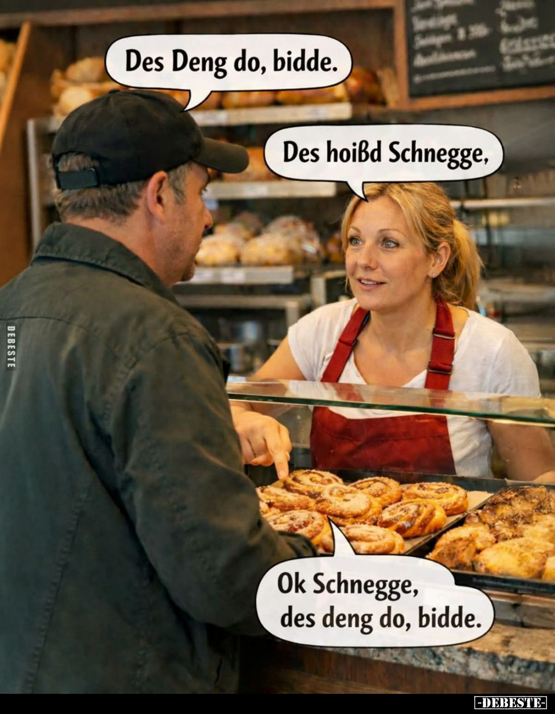 Des Deng do, bidde. -
Des hoißd Schnegge, -
Ok Schnegge, des deng do, bidde.