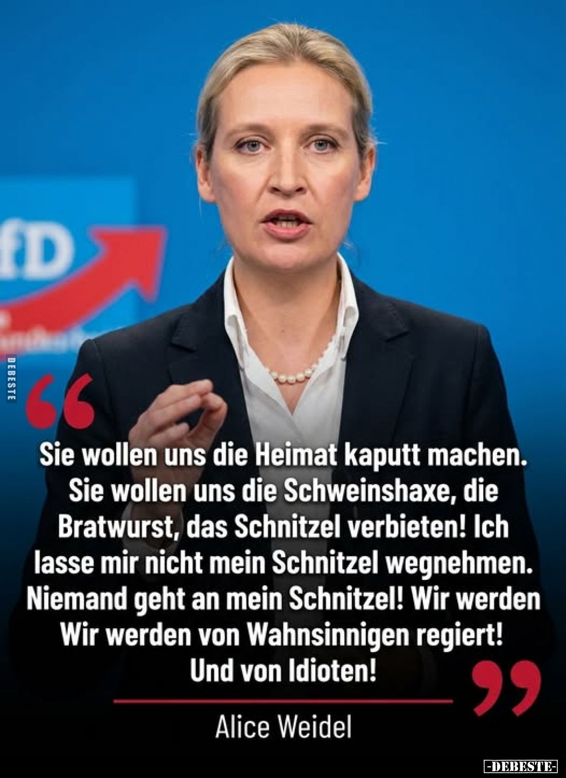 ,,Sie wollen uns die Heimat kaputt machen.
Sie wollen uns die Schweinshaxe, die Bratwurst, das Schnitzel verbieten! Ich lass...