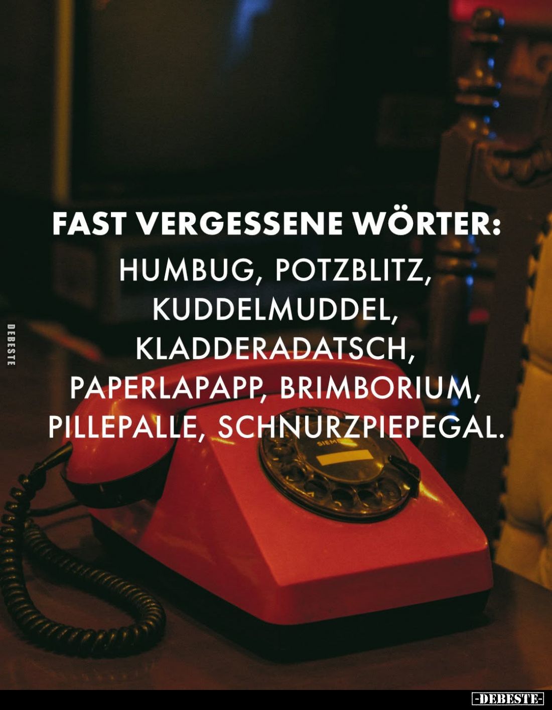 Fast vergessene Wörter:
Humbug, Potzblitz, Kuddelmuddel, Kladderadatsch, Paperlapapp, Brimborium, Pillepalle, Schnurzpiepega...