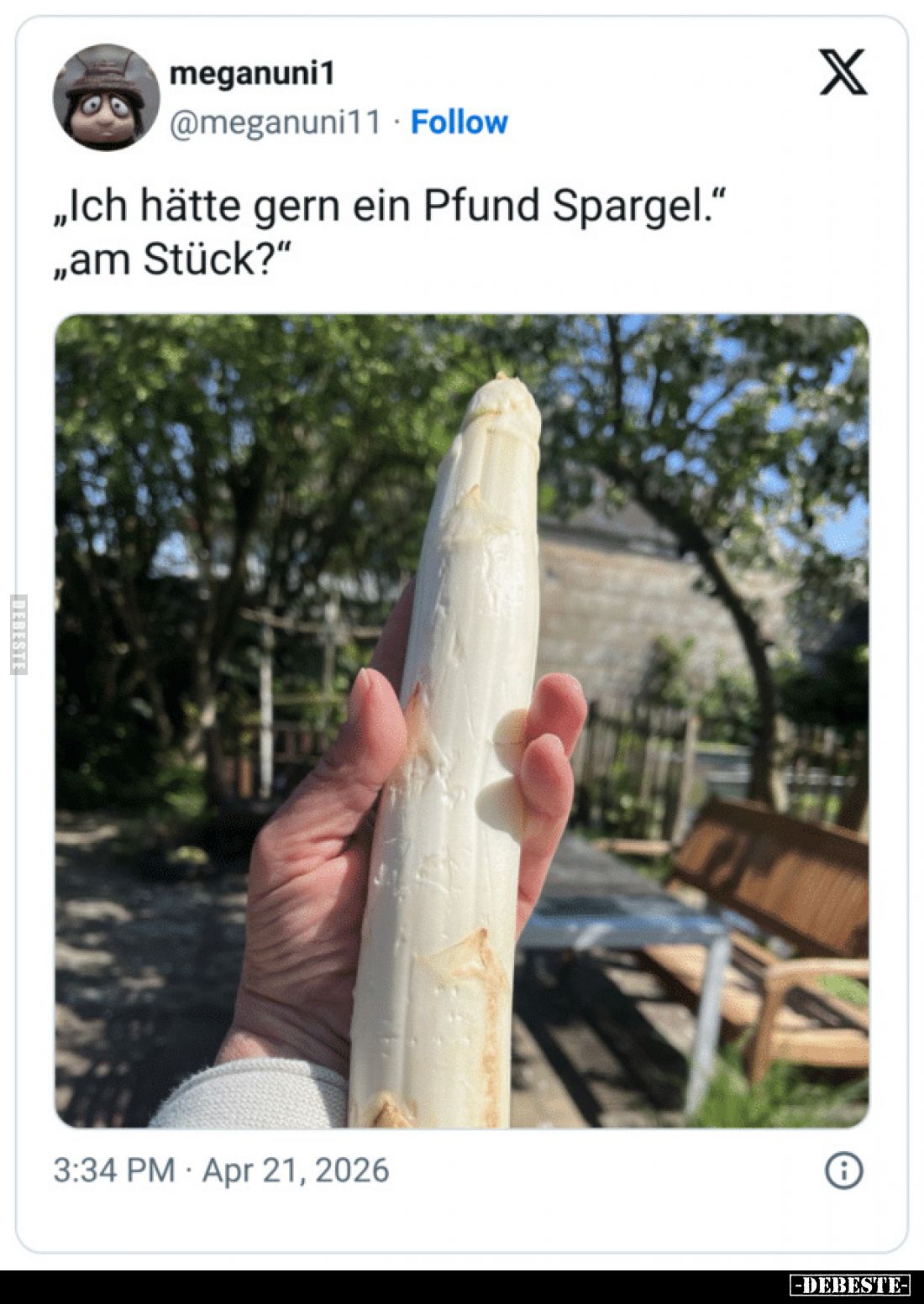 „Ich hätte gern ein Pfund Spargel."
„am Stück?"