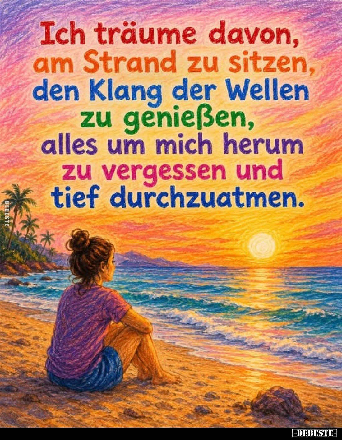 Ich träume davon, am Strand zu sitzen, den Klang der Wellen zu genießen, alles um mich herum zu vergessen und tief durchzuatm...
