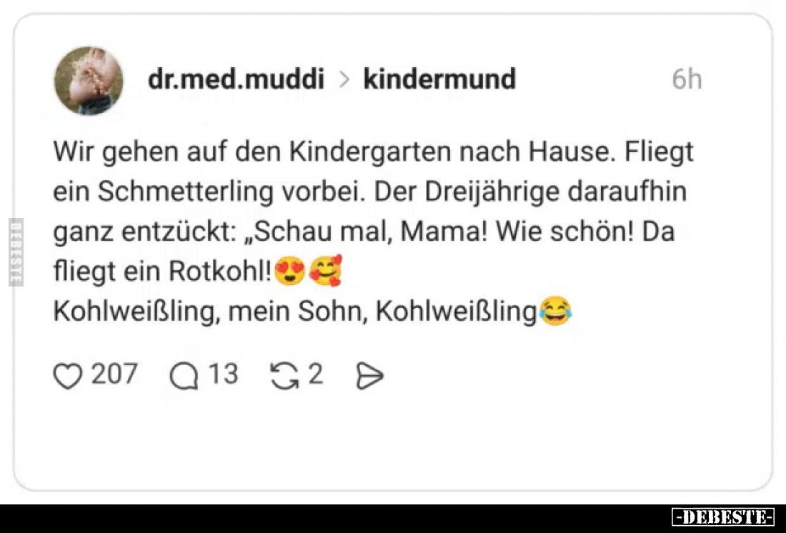 Wir gehen auf den Kindergarten nach Hause.
Fliegt ein Schmetterling vorbei.
Der Dreijährige daraufhin ganz entzückt: „Schau...
