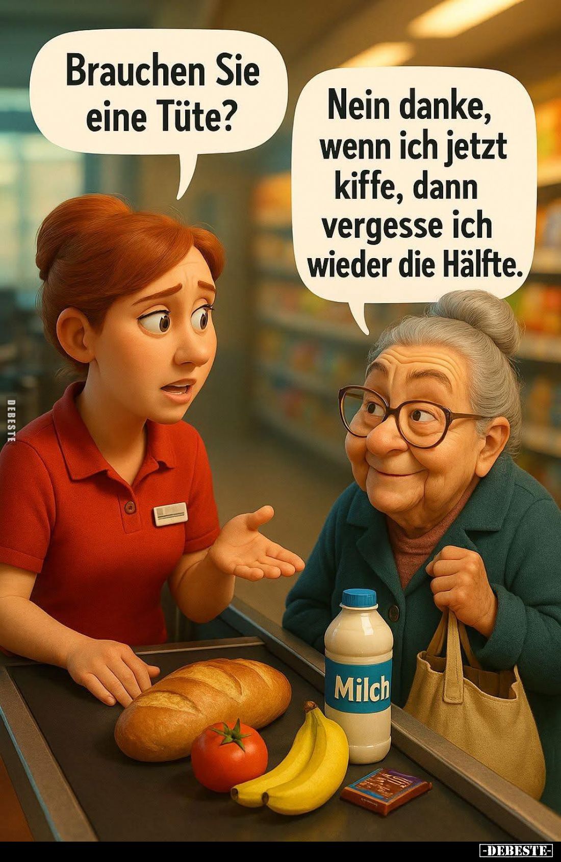 Brauchen Sie eine Tüte?
Nein danke, wenn ich jetzt kiffe, dann vergesse ich wieder die Hälfte.