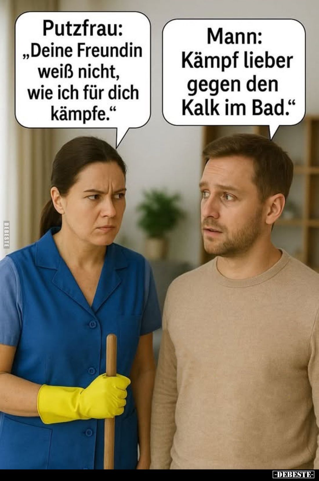 Putzfrau: "Deine Freundin weiß nicht, wie ich für dich kämpfe." -
Mann: Kämpf lieber gegen den Kalk im Bad.