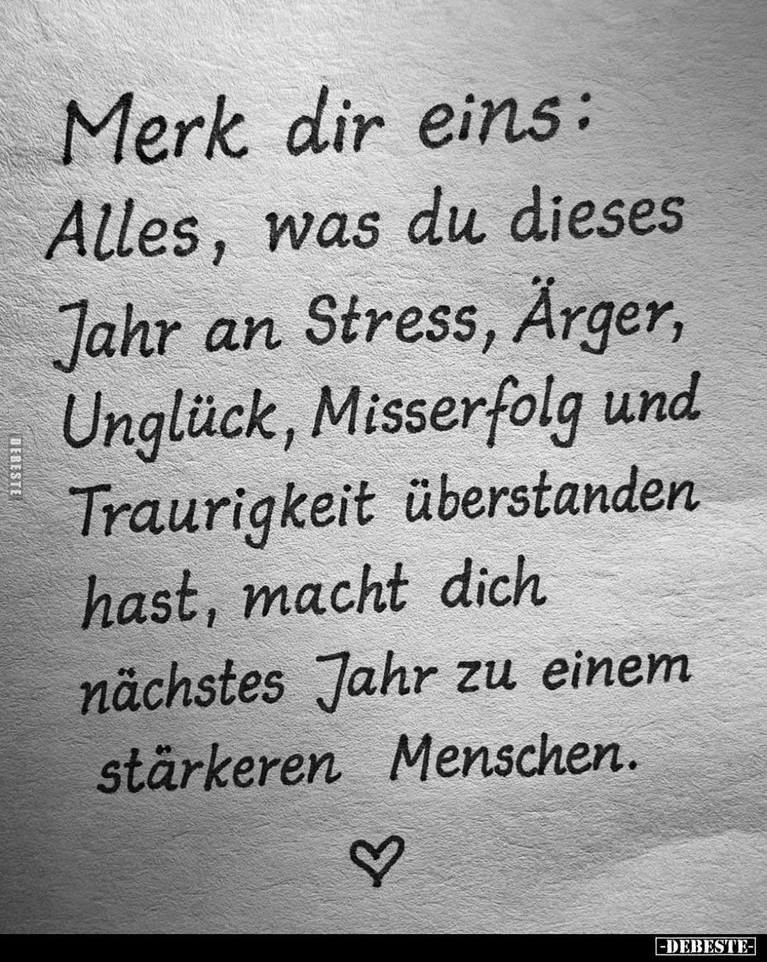 Merk dir eins:
Alles, was du dieses Jahr an Stress, Ärger, Unglück, Misserfolg und Traurigkeit überstanden hast, macht dich ...