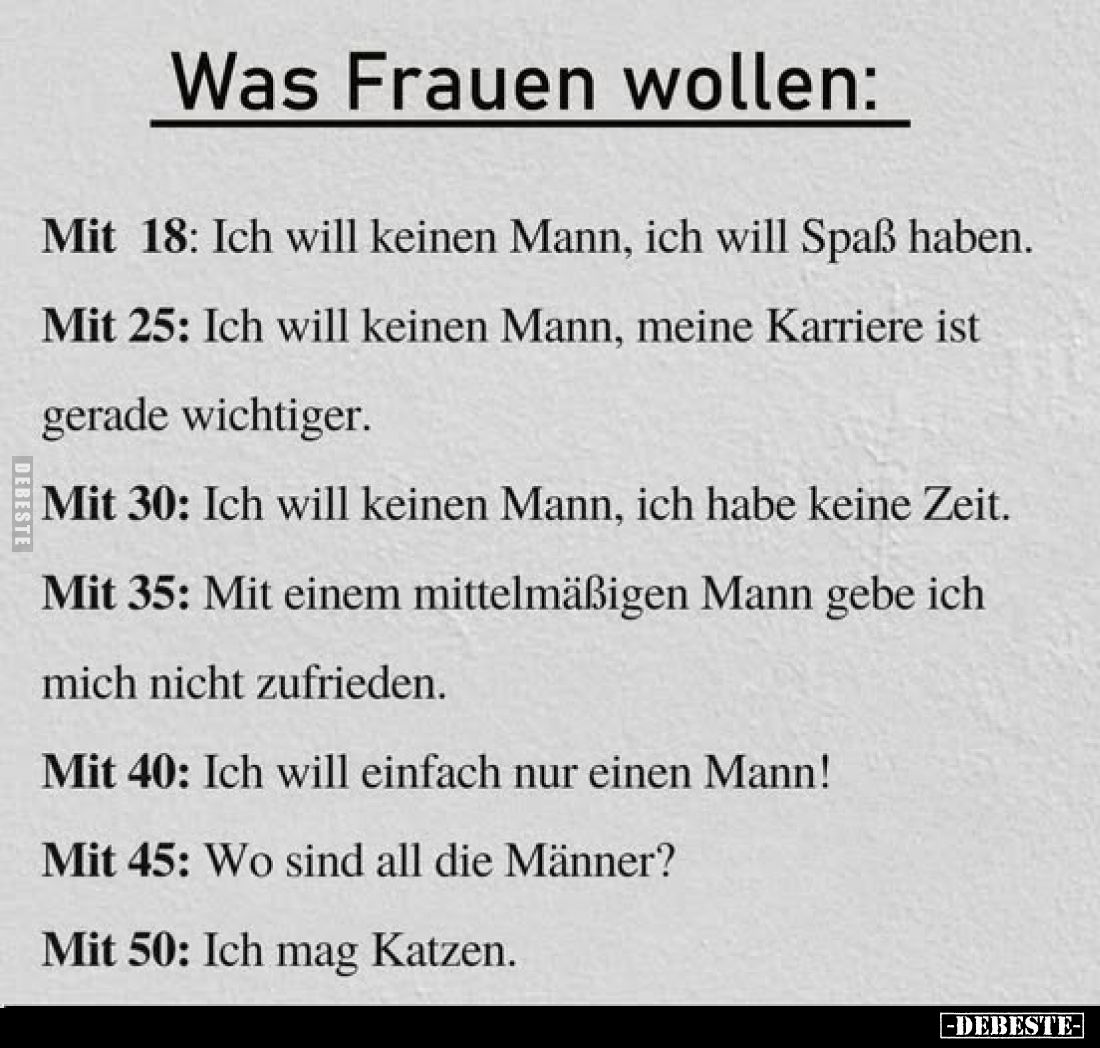 Was Frauen wollen:
Mit 18: Ich will keinen Mann, ich will Spaß haben.
Mit 25: Ich will keinen Mann, meine Karriere ist gera...
