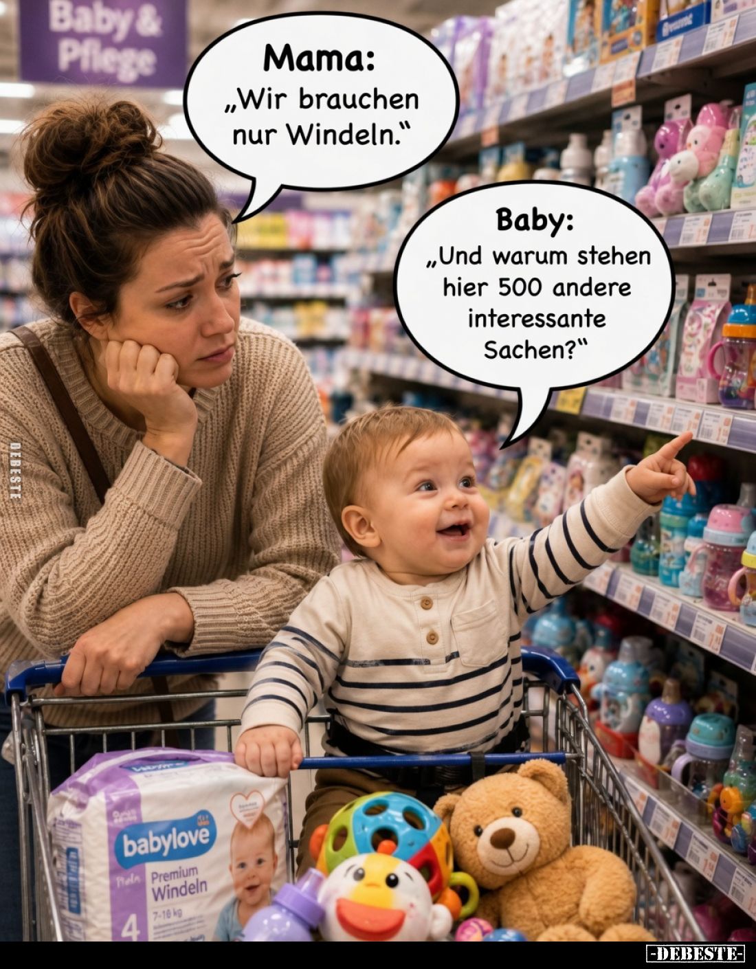 Mama:
„Wir brauchen nur Windeln.”
Baby:
„Und warum stehen hier 500 andere interessante Sachen?”