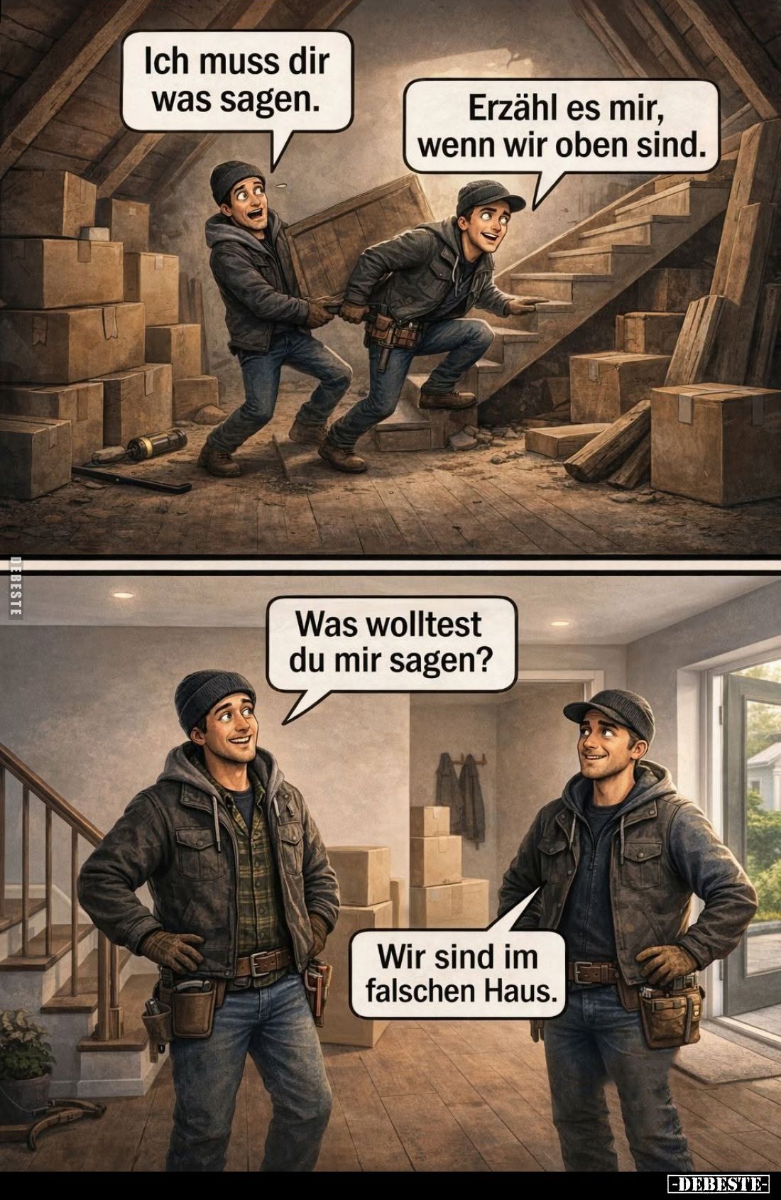 Ich muss dir was sagen. -
Erzähl es mir, wenn wir oben sind. -
Was wolltest du mir sagen? -
Wir sind im falschen Haus.
