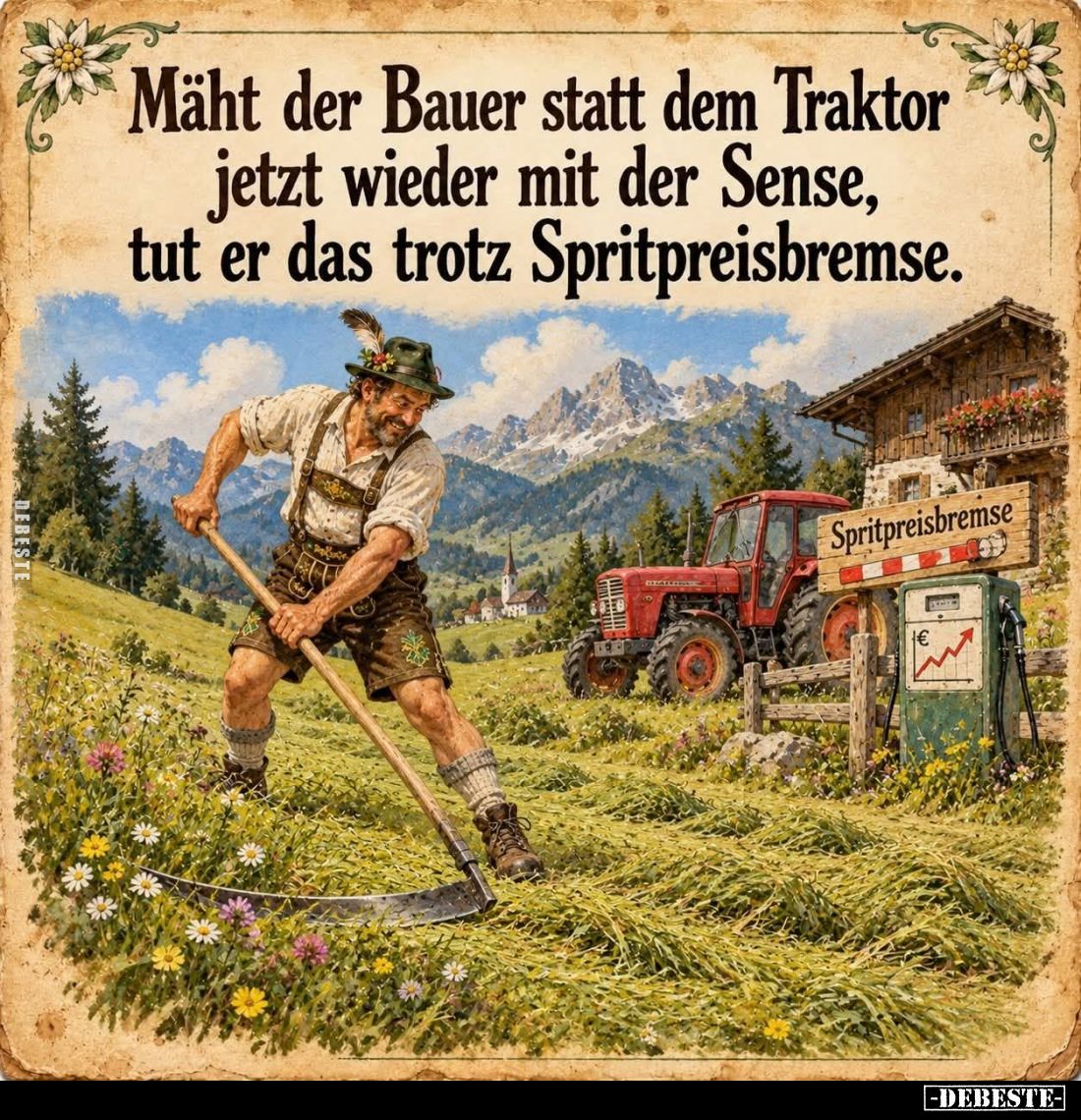 Mäht der Bauer statt dem Traktor
jetzt wieder mit der Sense,
tut er das trotz Spritpreisbremse.