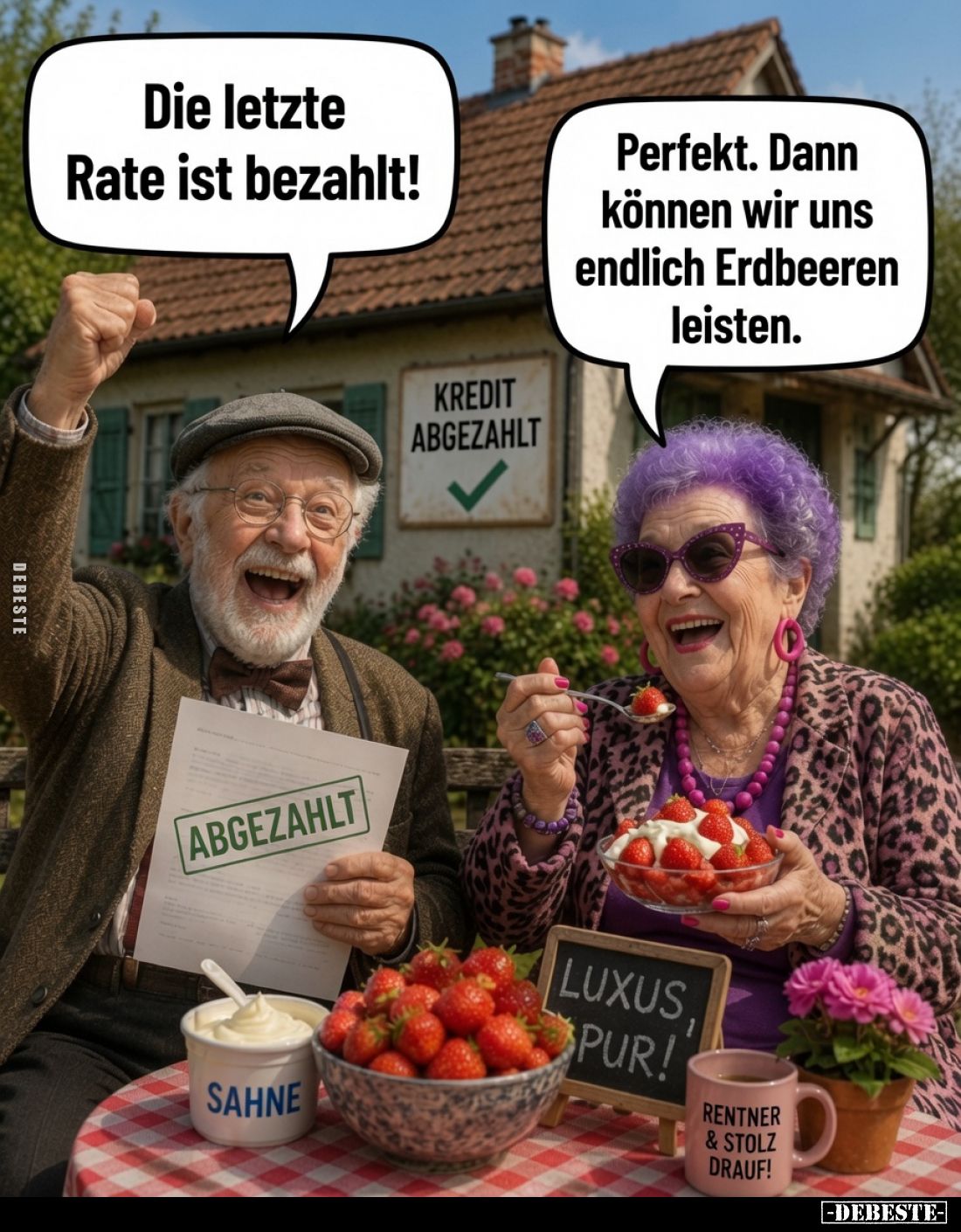 Die letzte Rate ist bezahlt!
Perfekt. Dann können wir uns endlich Erdbeeren leisten.