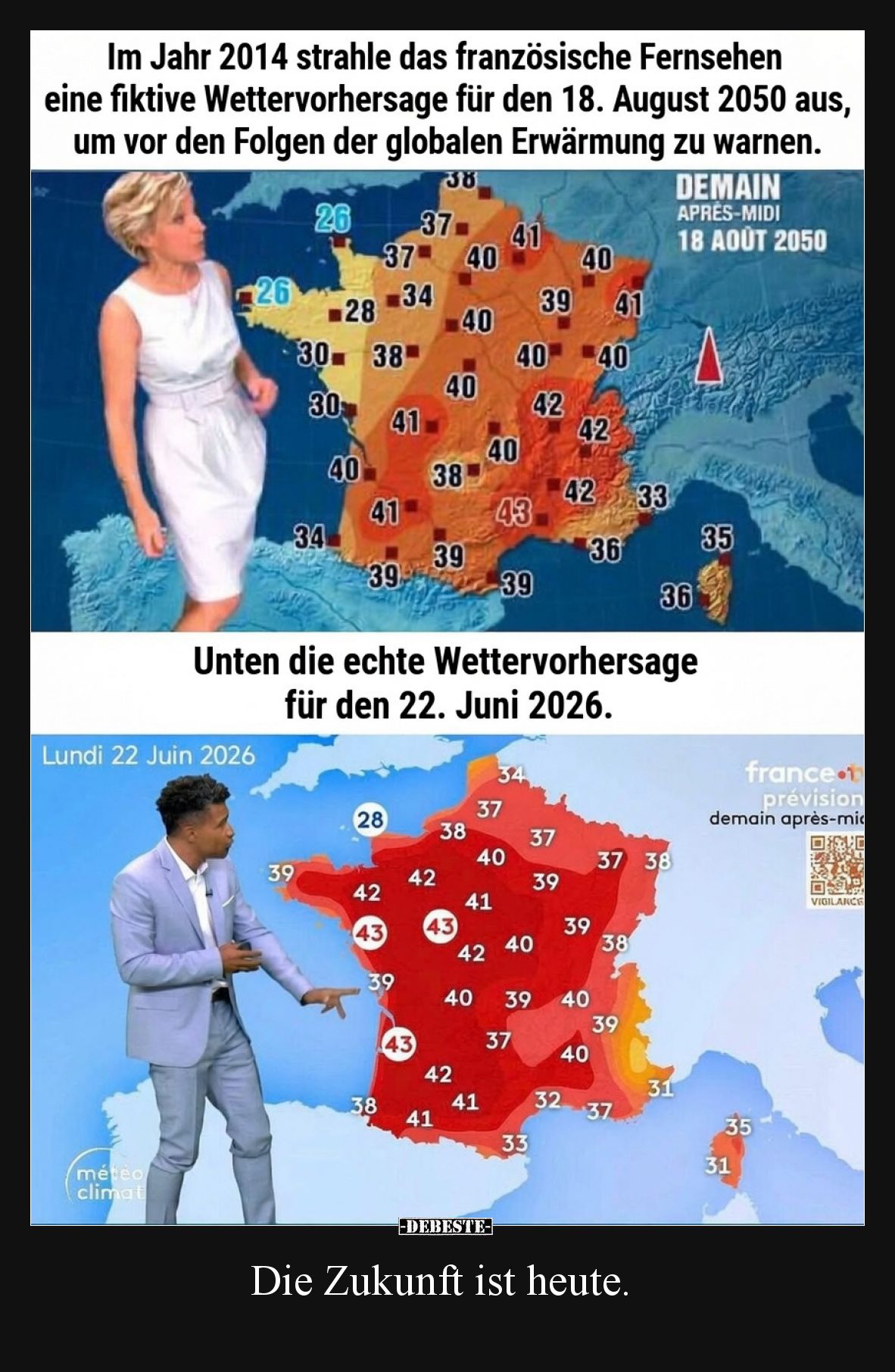 Im Jahr 2014 strahlte das französische Fernsehen eine fiktive Wettervorhersage für den 18. August 2050 aus, um vor den Folgen...