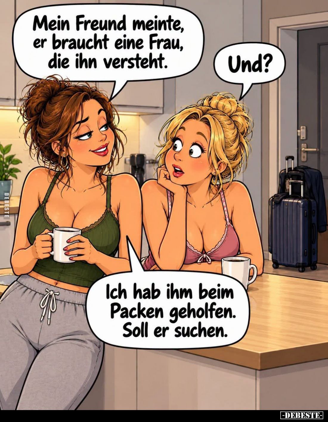 Mein Freund meinte, er braucht eine Frau, die ihn versteht. -
Und? -
Ich hab ihm beim Packen geholfen. Soll er suchen.