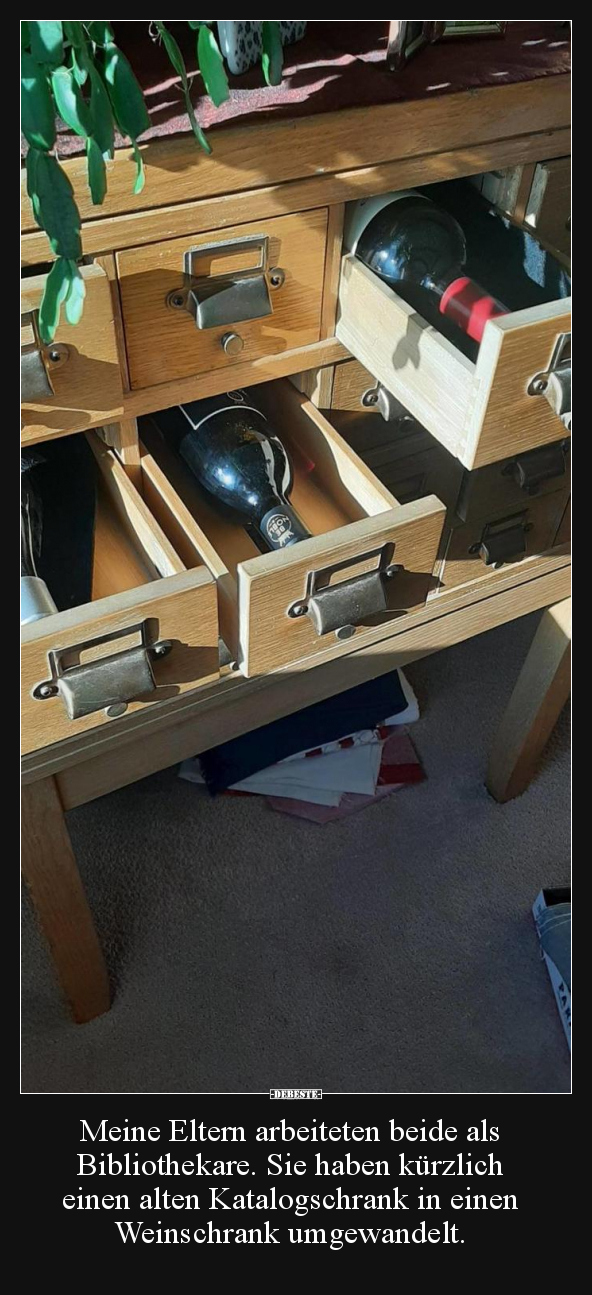 Meine Eltern arbeiteten beide als Bibliothekare. Sie haben kürzlich einen alten Katalogschrank in einen Weinschrank* umgewand...
