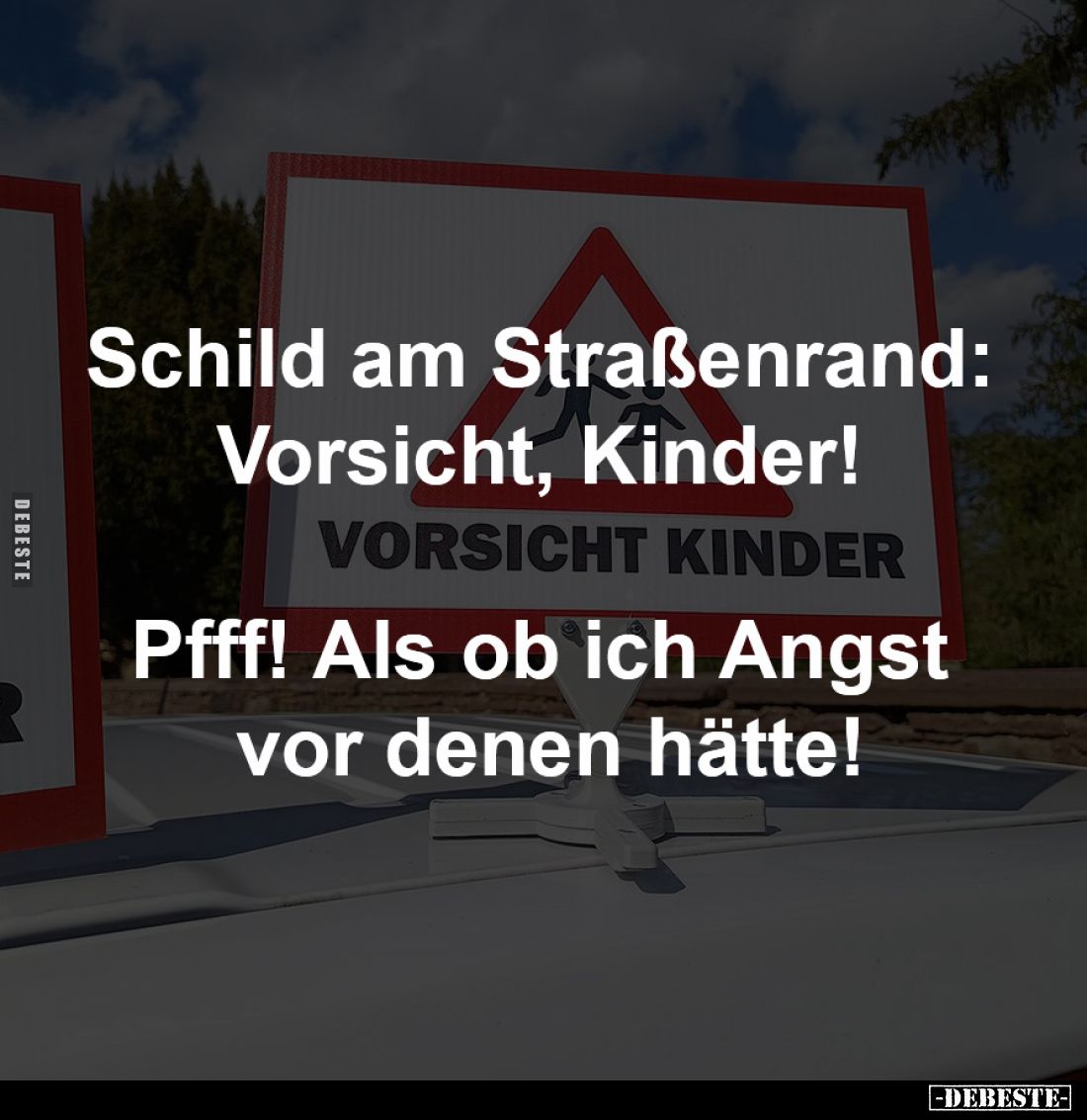 Schild am Straßenrand: 
Vorsicht, Kinder! 

Pfff! Als ob ich Angst 
vor denen hätte!