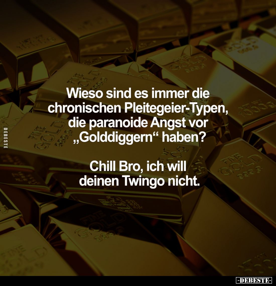 Wieso sind es immer die chronischen Pleitegeier-Typen, die paranoide Angst vor "Golddiggern" haben?
Chill Bro, ich...