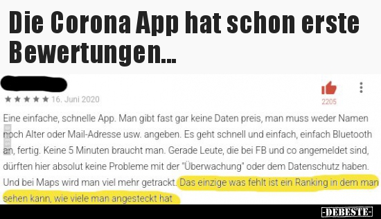 Die Corona App hat schon erste Bewertungen... - Lustige Bilder | DEBESTE.de