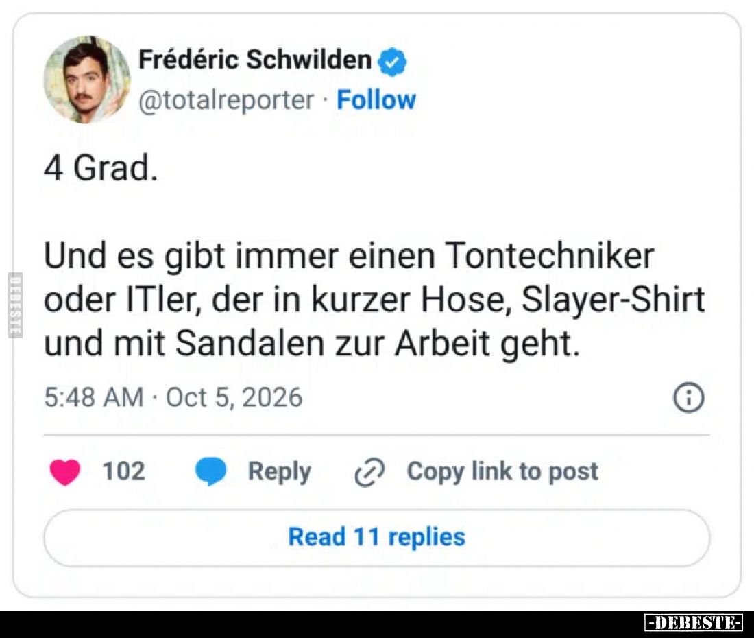 4 Grad.

Und es gibt immer einen Tontechniker oder ITler, der in kurzer Hose, Slayer-Shirt und mit Sandalen zur Arbeit geht...