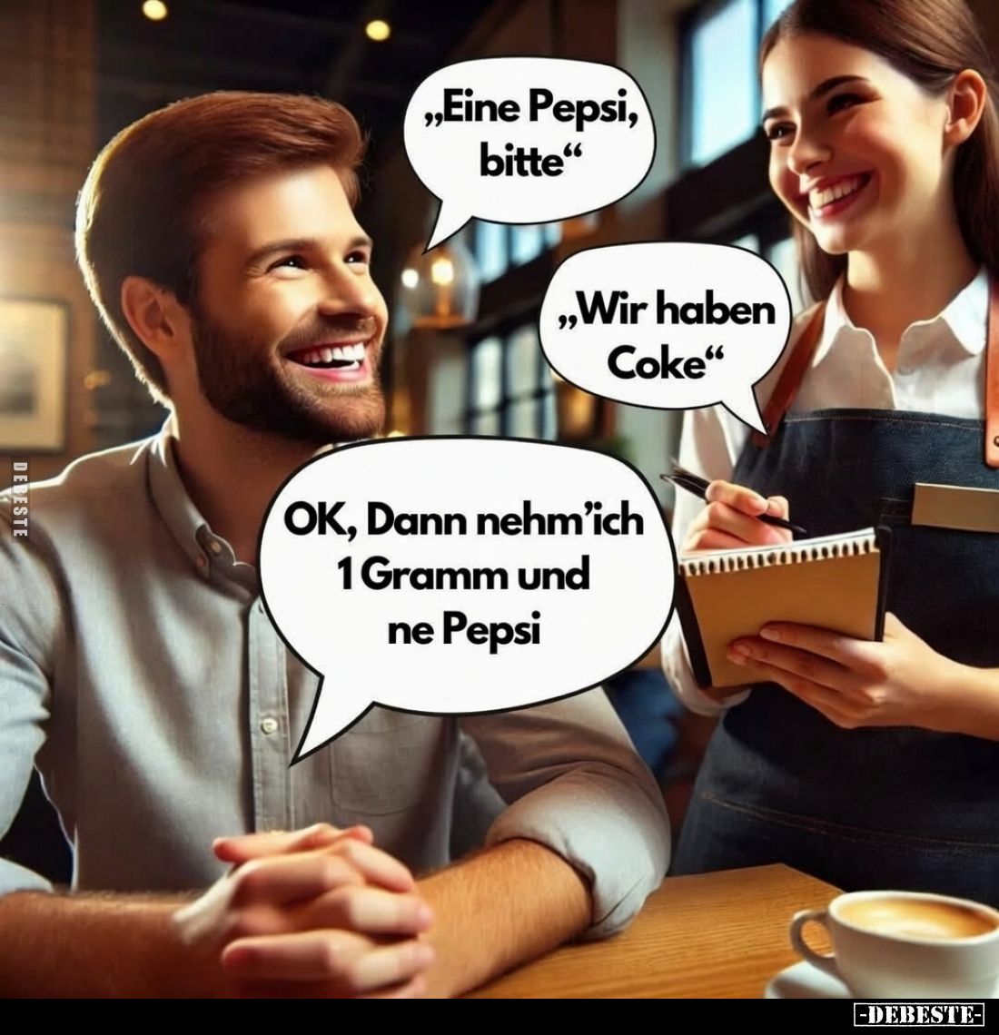 Eine Pepsi, bitte. -
Wir haben Coke. -
OK, Dann nehm'ich 1 Gramm und ne Pepsi.